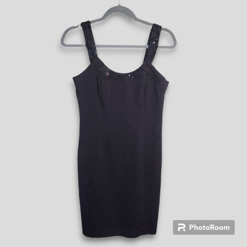 Kensie black cocktail dress with sequined straps and neckline, size 6